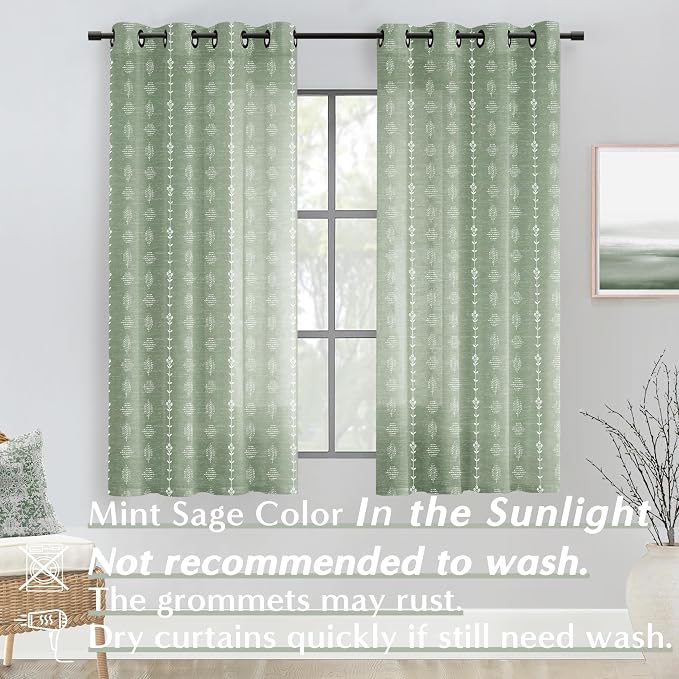Lino Rosa Mint Green Curtains for Girls Bedroom,Sheer Linen Light Filtering Boho Beach Curtains for Kitchen Bathroom Window Living Room,63 Inch Length