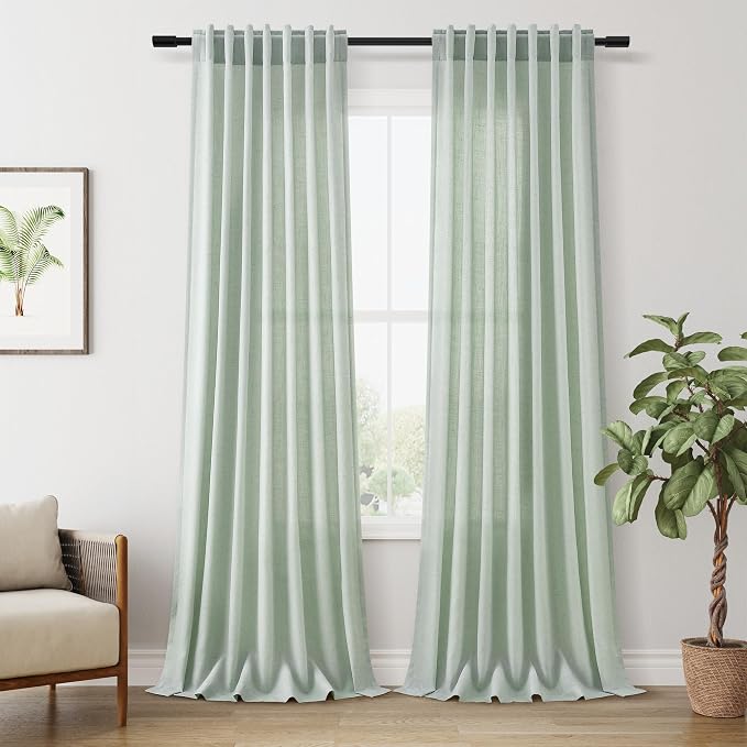 Aersas Textured Linen Sheer Long Curtains 120 Inches 2 Panels Set Back Tab Flax Privacy Drapes for Living Room Neutral Farmhouse Light Filtering Elegant Floor to Ceiling Curtain 52x120 Aqua Green
