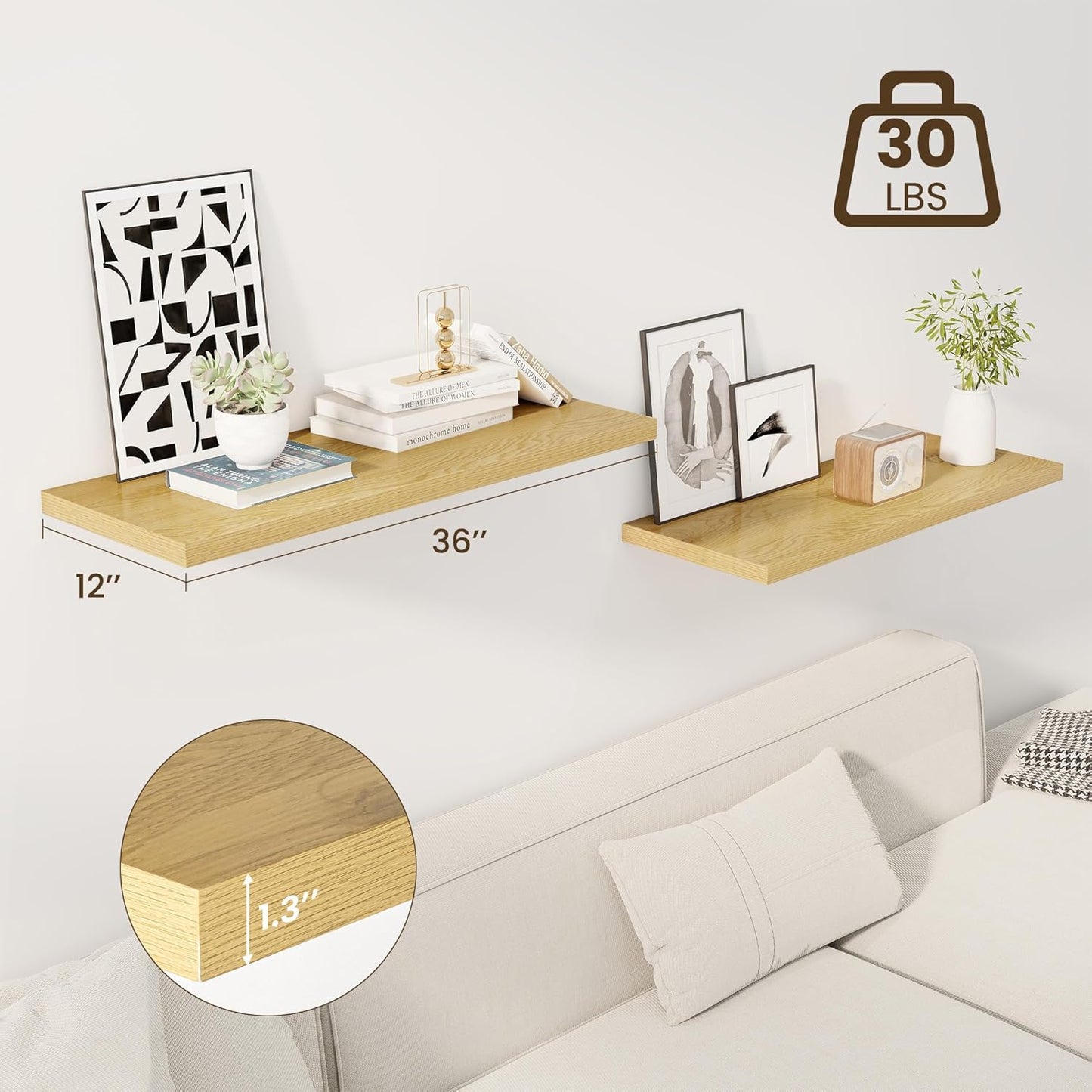 36" Floating Shelves for Wall, 12" Deep Slim Oak Floating Shelves, Wall-Mounted Shelves for Bedroom, Living Room, Kitchen, Bathroom - Set of 2