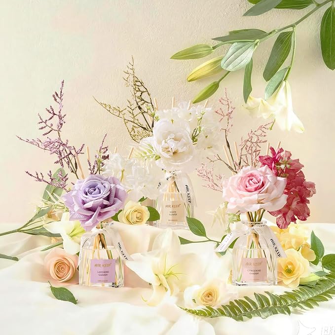 Airkeep Flower Reed Diffuser Set, Citrus Rose Garden Diffuser Gift Set,4.06 fl oz Essential Oil Sticks Diffusers for Bathroom Air Freshener, Aromatherapy Home Fragrance for Shelf Decor,Gift for Women