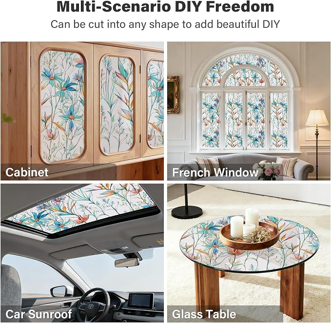 Donox Window Privacy Film, Frosted Stained Glass Window Films, Static Cling Non-Adhesive Decorative Windows Sticker for Front Door Bathroom, Heat Control Anti UV(Blue Lotus,23.6 x 157.4 inches)