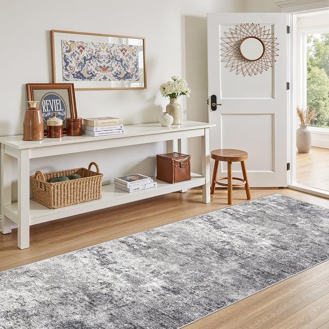 UERMEI 3x10 Washable Runner Rug for Hallway, Non Slip Low Pile Kitchen Carpet, Neutral Modern Abstract Indoor Floor Mat for Entryway Laundry, Kid & Pet Safe High Traffic Area, Grey