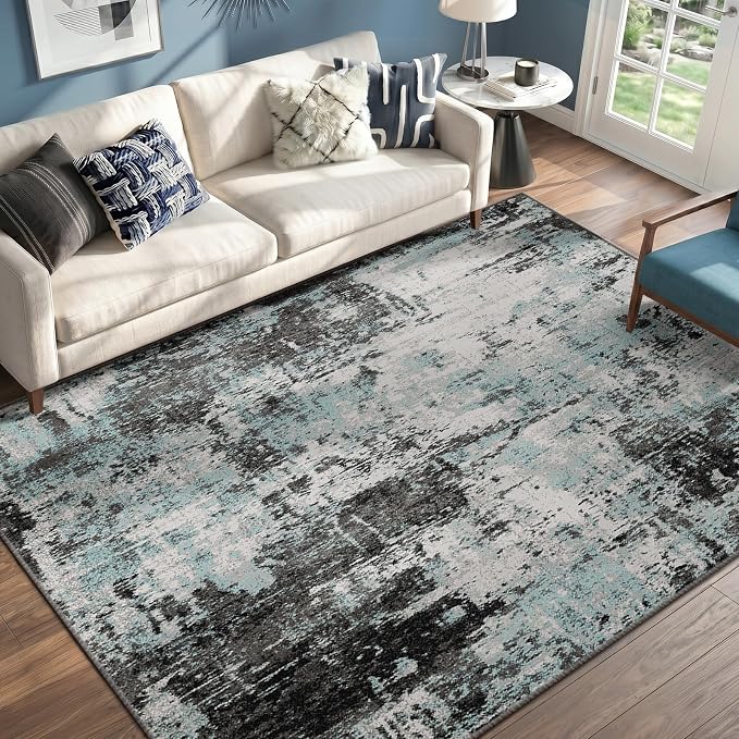 RELEANY Washable Area Rugs 6'x9' Non-Slip Modern Abstract Soft for Living Room Entryway Bedroom Kitchen, Print Pattern, Blue Black Teal