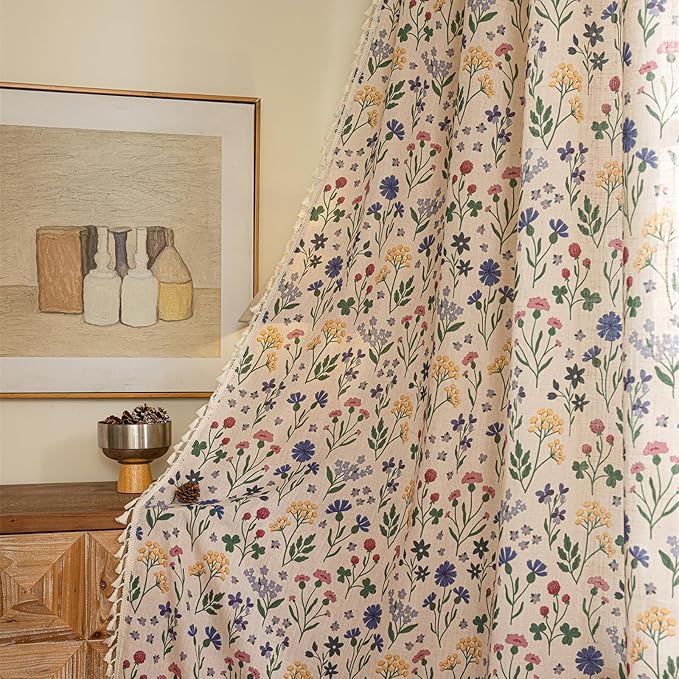 Deeprove Boho Curtains 63 Inches Length 2 Panels with Tassel, Colorful Herbs Florals Print Textured Window Drapes for Living Room Bedroom Farmhouse Country Chic Style Privacy, 52W x 63L