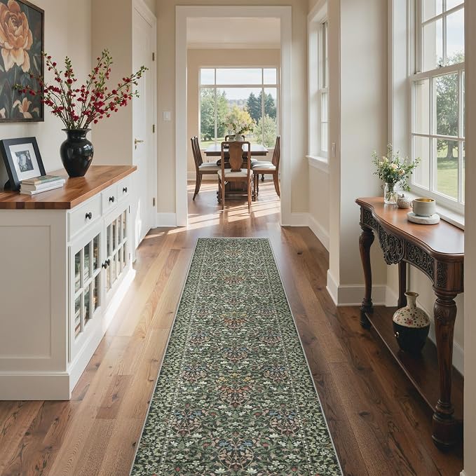 GENIMO 2x10 Washable Long Runner Rug, Non Slip Hallway Mat, Emerald Green | Vintage Boho Floral Low Pile Thin Mat for Entryway, Kitchen, Bedroom, Indoor Decor