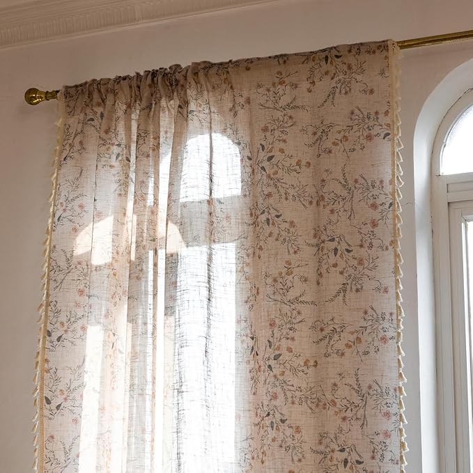 OYX Boho Floral Curtains 96 Inch, Farmhouse Wildflower Drapes with Tassels, Linen Textured Light Filtering Semi Sheer Curtains for Living Room Bedroom, 2 Panels, Rod Pocket, 52Wx96L