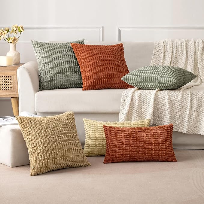 MIULEE Pack of 2 Corduroy Decorative Euro Sham Throw Pillow Covers 24x24 Inch Soft Boho Striped Pillow Covers Modern Farmhouse Home Decor for Summer Sofa Living Room Couch Bed Light Olive Green