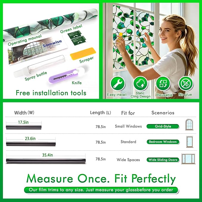 SOMWISE Frosted Glass Window Film, Heat Insulation, UV Block, Anti-Glare, One Way Privacy Tint, Static Cling for Home Bathroom Door, Renter Friendly, Day & Night Privacy
