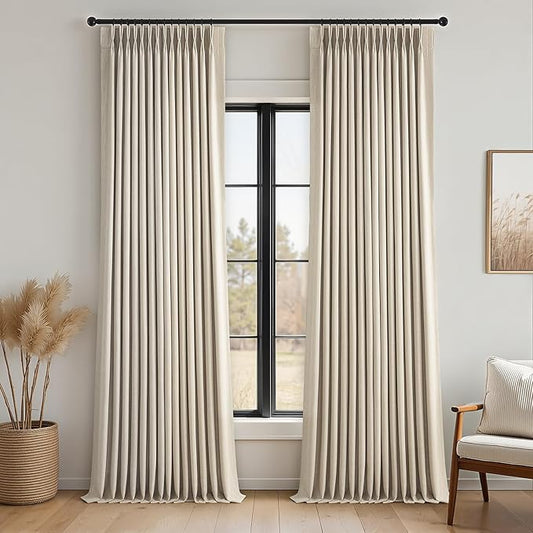 102 Inches Long 100% Blackout Oatmeal Linen Curtains,Farmhouse Pinch Pleated Noise Cancelling Curtains with Pin Hooks for Traverse Rods, Burlap Viral Drapes 2 Panels for Living Room Master Bedroom