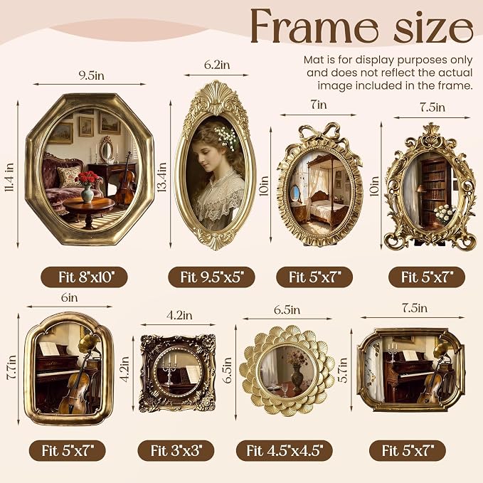 Lineshading 8 Pcs Picture Gold Vintage Gallery Wall Frame Set Antique Resin Picture Frame Collage 5 Sizes Baroque Victorian for Wall Tabletop Display Ornate French Country for Bedroom Living Room