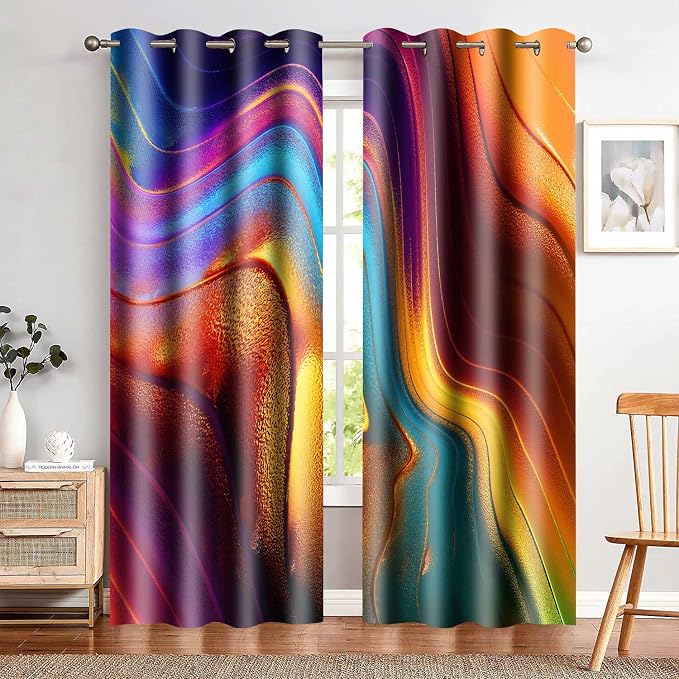 Colourful Fluid Curtains Modern Art Theme Abstract Blackout Drapes Nordic Design Stained Rainbow Glass Fluid Window Drapes for Bedroom Living Room Guest Room 2Panel 52x84inch CLOKMS0239 | Nordic Design Stained Rainbow Glass Fluid Window Drapes for Bedr...