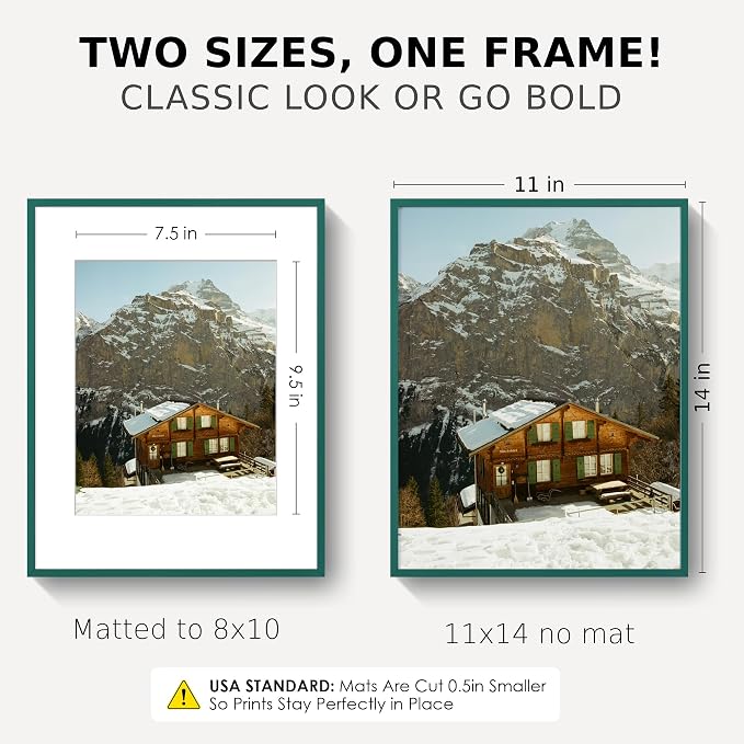 11x14 Picture Frame for 8x10 Photo, Minimalist Aluminum Frame, Dark Green | Deep Green Metal Frame for Wall, Desk & Gift | Shatterproof Glass & Hardware