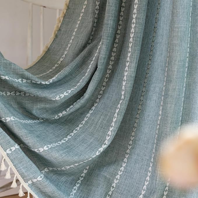 OYX Boho Curtains 96 Inch Length, Cotton Linen Semi Blackout Window Curtains with Tassels for Bedroom, Taupe Stripes Embroidery Bohemian Retro Drapes, Farmhouse Window Treatment 2 Panel, 52Wx96L