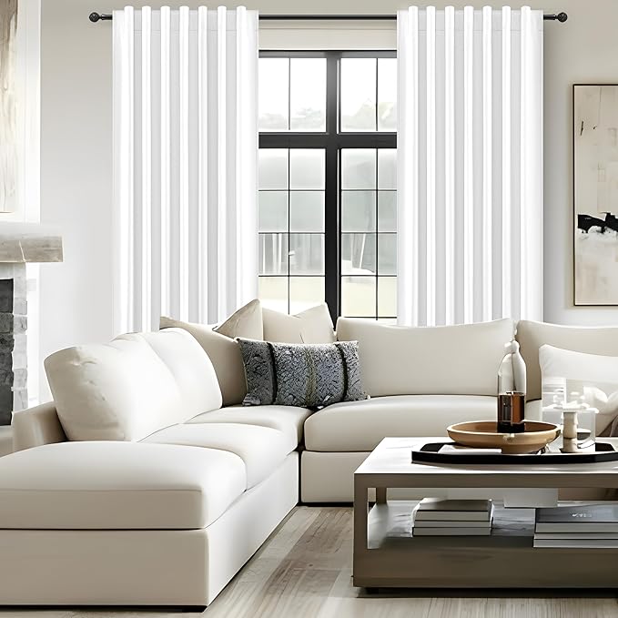 BrightWhite Linen 86 Inch 100% Blackout Curtains for Bedroom, Pleated Heading Tape Ring Clips Back Tab Thermal Custom Made Window Curtains Living Room Modern Farmhouse (100 Wide Total, Each W50"x2Pcs)