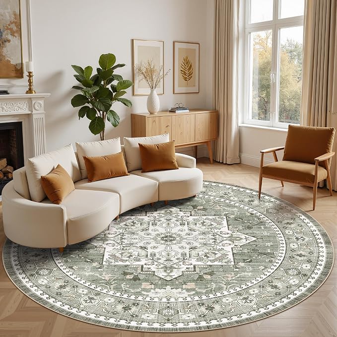 8ft Round Area Rug: Washable Vintage Neutral Soft Non Slip Thin Large Floor Carpet for Living Room Bedroom Kitchen Dining Room Home Office Farmhouse Indoor - Green