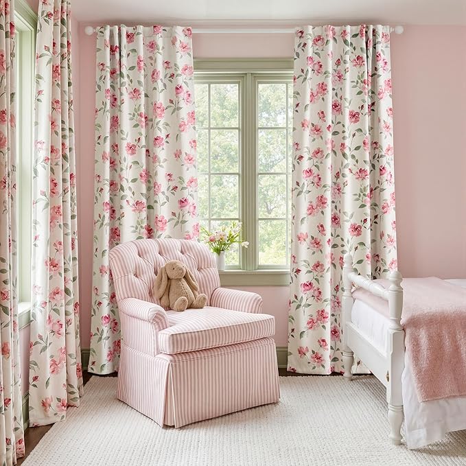 jinchan Pink Curtains Floral Blackout Curtains 96 Inch Length Watercolor Rose Cottagecore for Bedroom Living Room Room Darkening Drapes Romantic Vintage Decor Rod Pocket & Back Tab 2 Panels