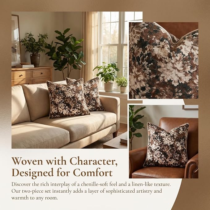 Vintage Floral Throw Pillow Covers 18x18 Inches Set of 2 Boho Farmhouse Pillow Cases Premium Chenille Textured Decorative Cushion Covers for Couch Retro Garden Farmhouse Style Brown
