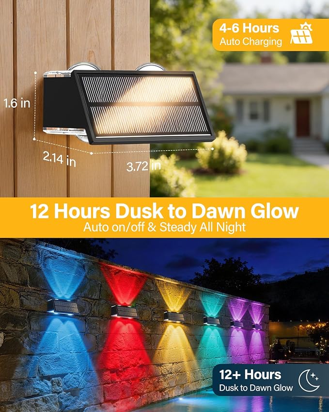 Solar Fence Lights Outdoor, 16 Pack 100LM Fence Lights Solar Powered Waterproof, 9 Color Modes, Up & Down LED Focused Beam, 12H Dusk to Dawn Glow for Pool/Patio/Wall/Backyard - Black
