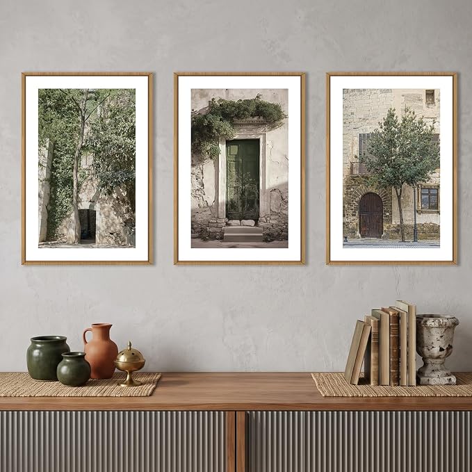 HOURIA Vintage Italy City Landscape Framed Canvas Wall Art Set,Sage Green Olive Tree Old House Wall Decor,Modern Mediterranean Country Cityscape Artwork for Living Room,Bedroom,Farmhouse-16 x24 x3