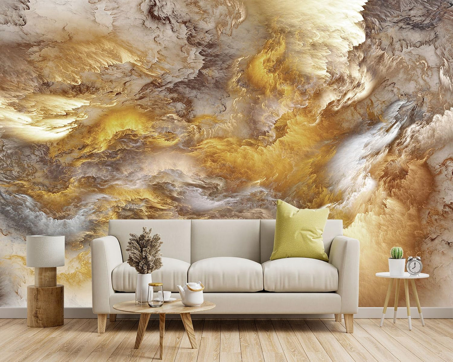 -Golden Clouds Ceiling Fabric Wallpaper Living Room Bedroom Bathroom Modern Boys Girls Kids Room Abstract Large Mural- 137"x96"（ not Peel and Stick）