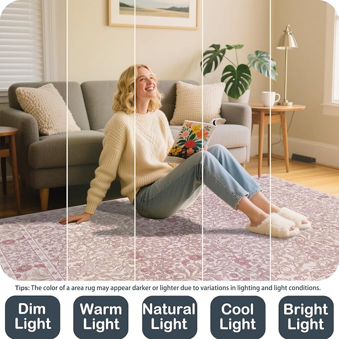 Area Rug for Living Room, 10x12 Large Washable Rugs for Dining Room, Bedroom, Non Slip Stain Resistant Carpet, Low Pile Vintage Floral Rug (Pink)