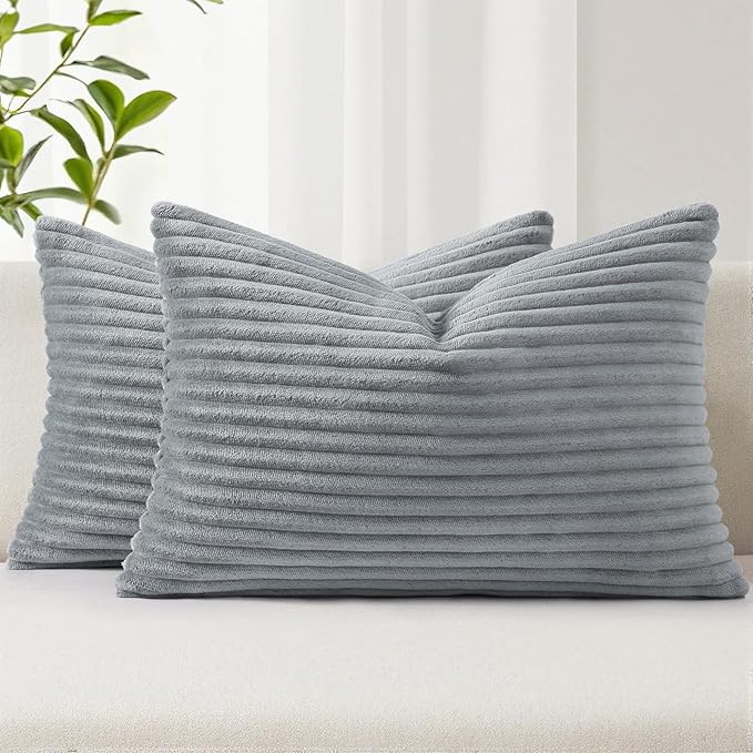 Simmore Decorative Fall Throw Pillow Covers 12x20 Set of 2, Soft Natural Plush Flannel Double-Sided Fluffy Rectangle Pillow Covers for Couch Sofa Living Room, Grey