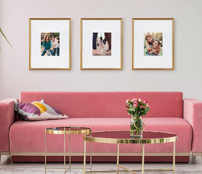 Kate and Laurel Adlynn Wall Picture Frame Set, 16" x 20" matted to 8" x 10", Gold, Set of 3