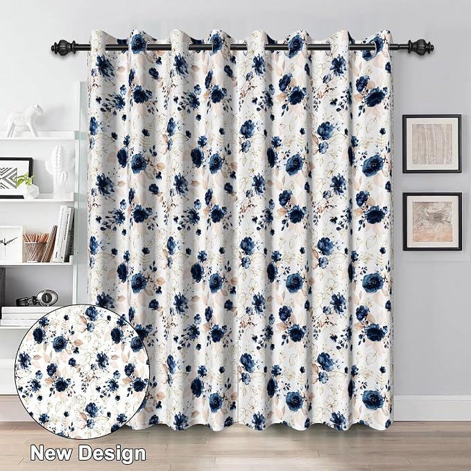 Renaiss Blue and White Floral Blackout Curtains Gold Line Rose Flowers Thermal Insulated Window Drapes for Bedroom 29W x 45L inches 2 Panel Set Window Curtain Panels for Kitchen