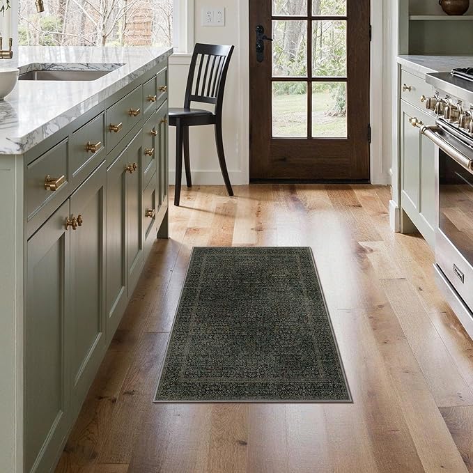 GENIMO 2x3 Washable Kitchen Rug, Non Slip Indoor Door Mat, Charcoal Green | Vintage Boho Floral Low Pile Entryway Mat for Bathroom, Front Door and Laundry Room