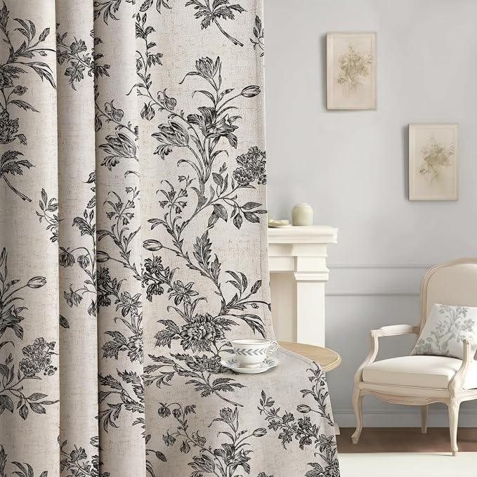 Black Floral 100% Blackout Curtains for Bedroom 84 Inch Length 2 Panels Set, Linen Texture Farmhouse Curtains for Living Room
