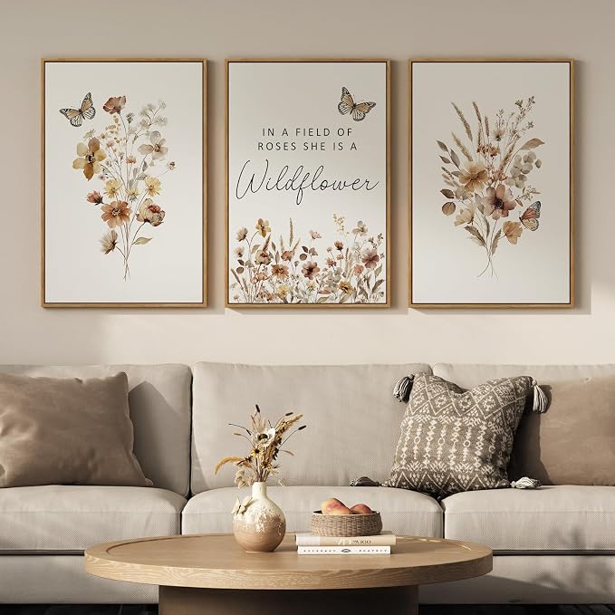 Framed Farmhouse Wildflower Floral Wall Art for Bedroom, 3 Piece Neutral Botanical Canvas Prints Painting, Rustic Flower Picture Wall Decor for Living Room Hallway Nursery Girls Room, 16x24 Inch