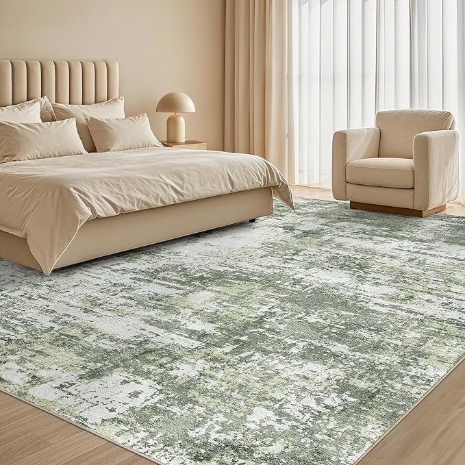 Tortania Area Rug Living Room Rugs - 7x9 Modern Abstract Neutral Large Soft Thin Rugs - Non Slip Indoor Carpet for Bedroom Dining Room Office Nursery Home Floor Decoration - Green