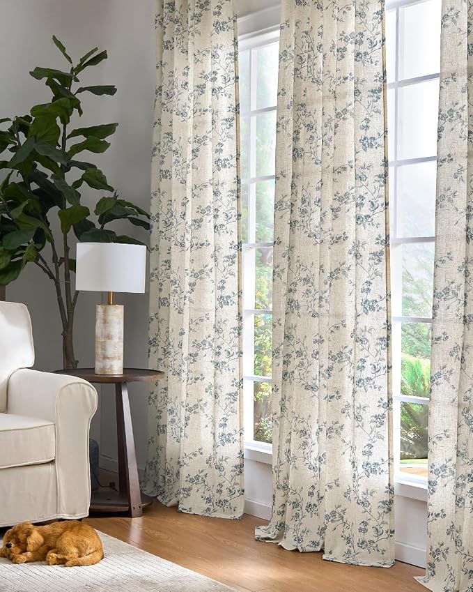 jinchan Blue Floral Linen Curtains 96 Inch French Country Back Tab 2 Panels | Flower patterned drapes, farmhouse, printed, light filtering, bedroom, living room, kitchen, window treatment, rod pocket