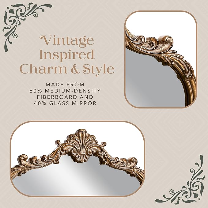Wylde Iris English Estate Carved Arch Wood Wall Mirror, Mirror for Entryway, Living Room, Bathroom, Antique Gold, 20.4x33