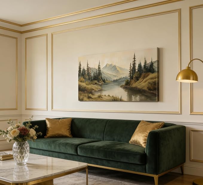 ZAWUDVC Large Neutral Mountain Lake Wall Art, Pine Forest Landscape Canvas Print Poster, Rustic Nature Green Botanical Wall Decor for Living Room Bedroom, Earth Tone Forest Wilderness Art,