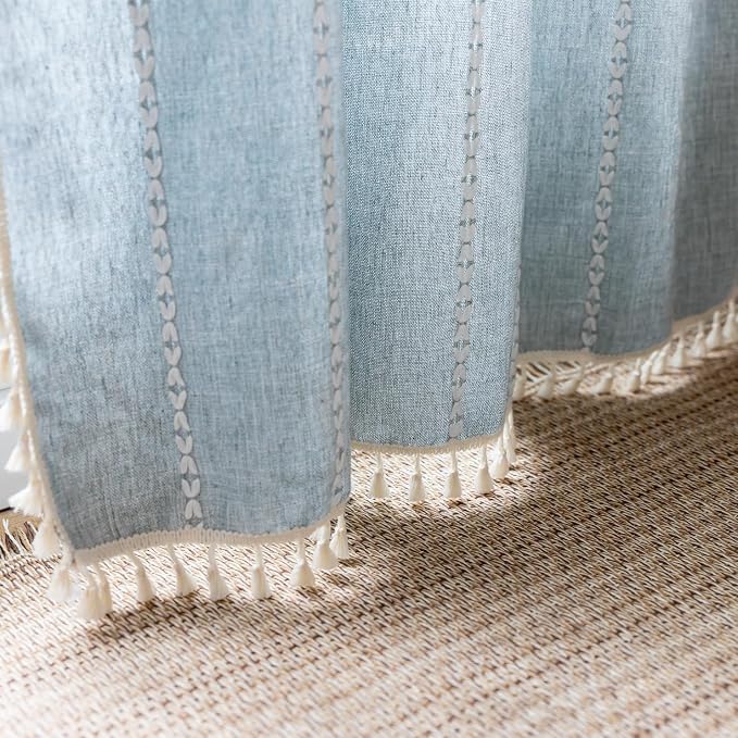 OYX Boho Curtains 63 Inch Length, Cotton Linen Semi Blackout Window Curtains with Tassels for Bedroom, Taupe Stripes Embroidery Bohemian Retro Drapes, Farmhouse Window Treatment 2 Panel, 52Wx63L