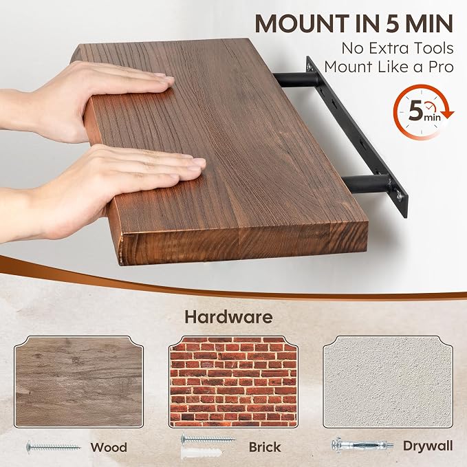 Live Edge Floating Shelf, 48 Inch Solid Elm Wood - Vintage Rustic Wood Wall Shelf with Invisible Brackets for Living Room, Kitchen, Bathroom