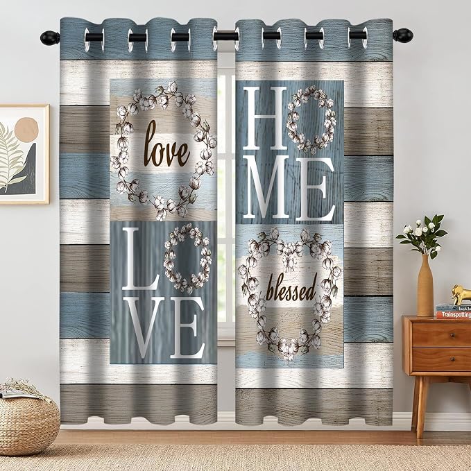 Rustic Floral Flower Sweet Love Home Blackout Curtains, Farmhouse Country Vintage Wood Plank Door Grommet Window Drapes for Living Room Bedroom Decor 2 Panels 52"x63" Inch