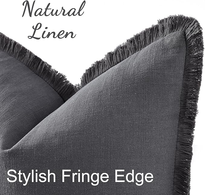decorUhome Linen Fringe Euro Sham Throw Pillow Covers Set of 2 Decorative Dark Grey Pillow Covers with Tassels Soft Accent Boho Farmhouse Pillow Cases for Couch Bed Sofa 22x22 Inch