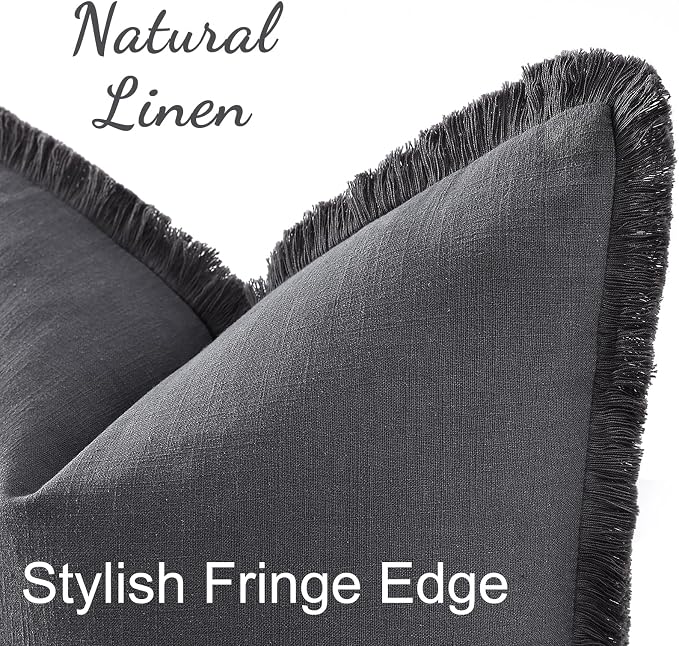 decorUhome Linen Fringe Lumbar Throw Pillow Covers Set of 2 Decorative Dark Grey Pillow Covers with Tassels Soft Accent Boho Farmhouse Pillow Cases for Couch Bed Sofa 12x20 Inch