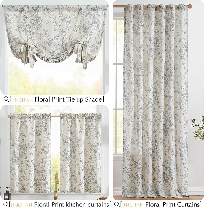 jinchan Floral Linen Tier Curtains Grey Flower on Beige Cafe Curtains 24 Inch Length Kitchen Living Room Bedroom Bathroom Farmhouse Rustic Country Rod Pocket 2 Panels