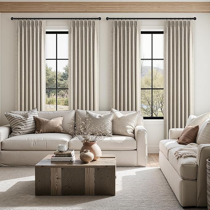 Pinch Pleated Full Blackout Linen Curtains 120 Inch for Bedroom Living Room,Fall Burlywood Double Layer Linen Blended Room Darkening Back Tab Pinch Pleat Drape with Hooks Rings 2 Panel 40"Wx84"L