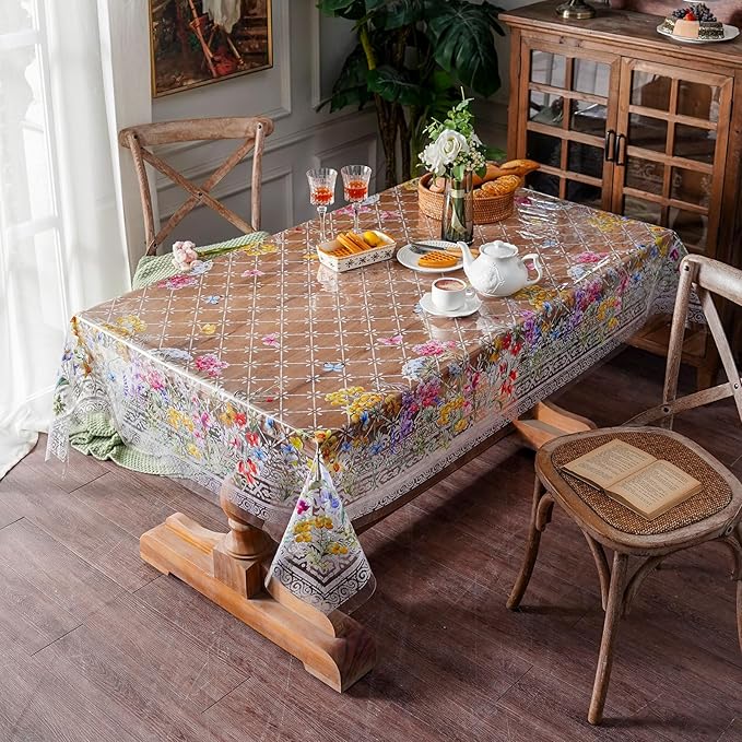 ARTABLE Clear Table Cover Protector Vinyl PVC Rectangle Table Cloth with Floral Print Pattern Oil Proof Wipe-able Plastic Tablecloths for Dining Tables Parties Holidays (Flowers, 55 x 120 Inches)