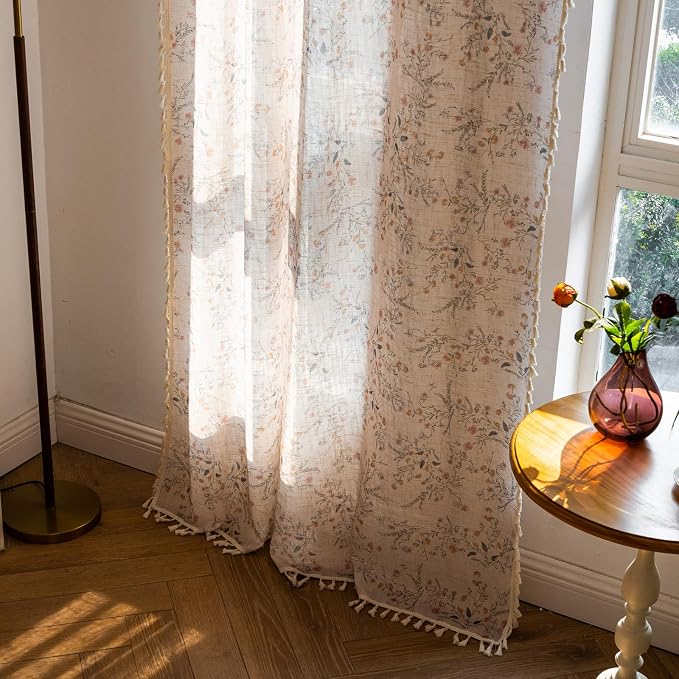 OYX Boho Floral Curtains 84 Inch, Farmhouse Wildflower Drapes with Tassels, Linen Textured Light Filtering Semi Sheer Curtains for Living Room Bedroom, 2 Panels, Rod Pocket, 52Wx84L