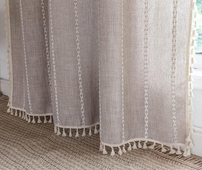 RoomTalks Tan Rustic Farmhouse Linen Kitchen Curtains 54 Inch Length Country Cottage Vintage Chic Tassel Short Cafe Curtains for Small Windows