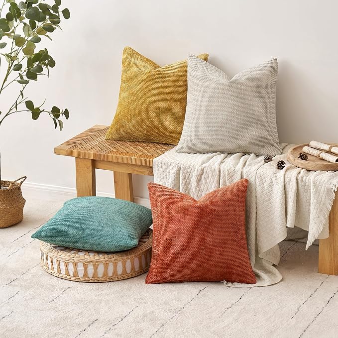 MIULEE Pack of 4 Couch Throw Pillow Covers 20x20 Inch Neutral Orange/Teal Soft Decorative Chenille Pillow Covers Farmhouse Accent Cushion Covers for Boho Fall Home Decor Sofa Bedroom Living Room