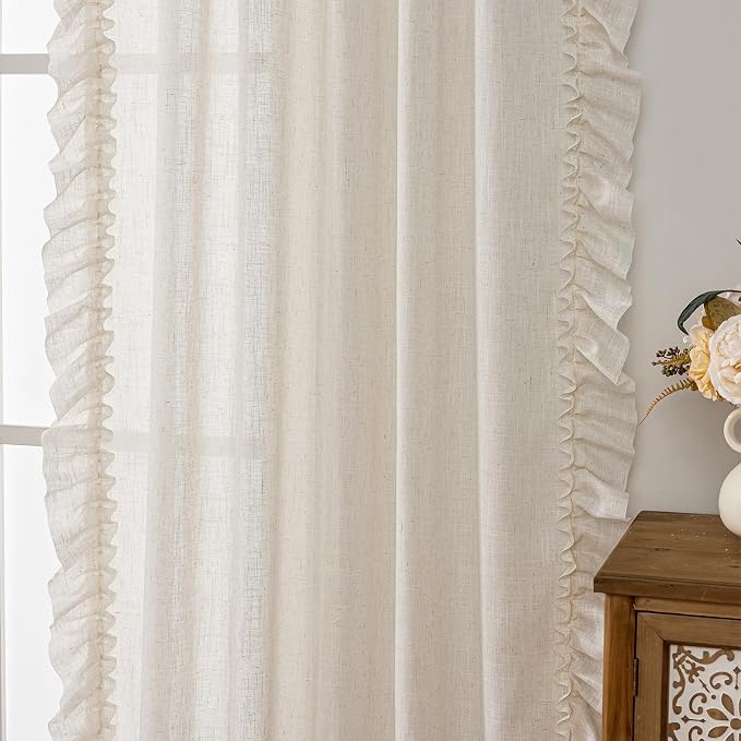 Natural Linen Curtains for Bedroom, 2 Panels W47 x L54 Inch Light Filtering Semi-Sheer Ruffled Curtains Rod Pocket Vintage French Country Shabby Chic Boho Farmhouse Privacy Window Drapes Rouched Edge