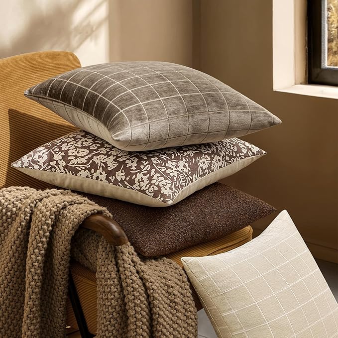 MIULEE Taupe Grey Plaid Decorative Fall Throw Pillow Covers 26x26 Set of 2 | Vintage Check Chenille Couch Pillows Boho Farmhouse Cushion Covers Modern Fall Home Decor for Sofa Bed Living Room