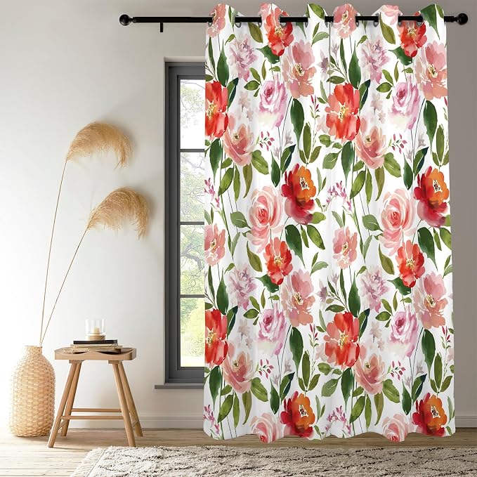 Renaiss Watercolor Flowers Curtains Rose Peony Floral Print Blackout Window Curtain Panels Thermal Insulated Grommet Top Window Curtains for Living Room Bedroom 53W x 84L Inch 2 Panel Set