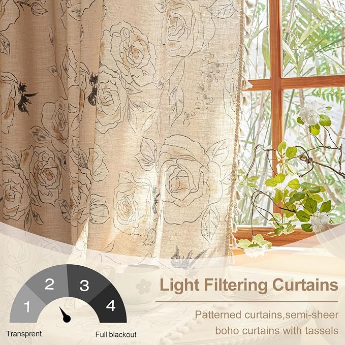 OYX Boho Floral Semi-Blackout Curtains for Bedroom, 2 Panels 52x63 Inches, Grey Rose Vintage Country Pattern with Tassels, Rod Pocket Design, Farmhouse Window Treatments